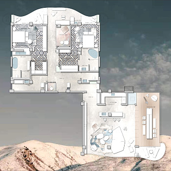 【CAD图纸】300㎡两居室CAD平面设计方案+PSD彩平