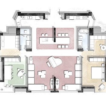 【CAD图纸】189㎡两户打通个性小豪宅CAD平面方案+PSD彩平