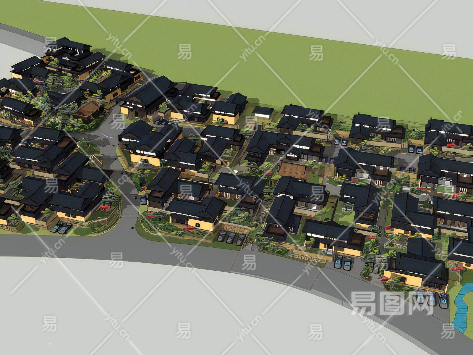 中式联排别墅 - 建筑_住宅建筑模型su模型-su模型库-sketchup网