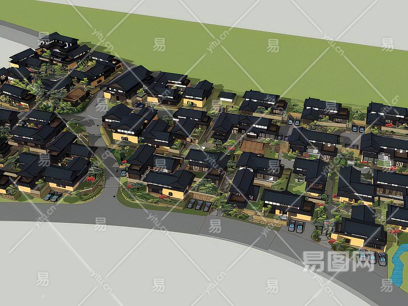 中式联排别墅 - 建筑_住宅建筑模型su模型-su模型库-sketchup网