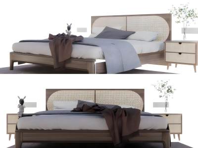 侘寂风藤编双人床