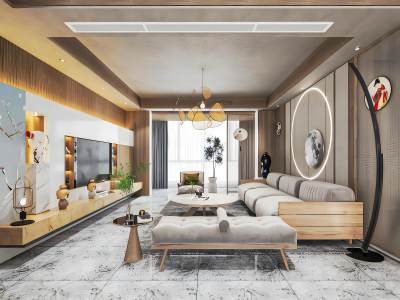 现代原木风客厅模型