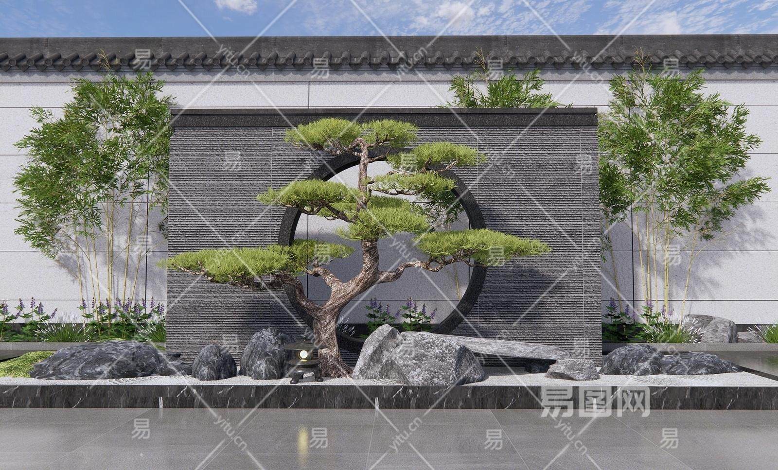 新中式庭院小品 石头景墙 景观树 松树 枯山石 景观石头 庭院景观 - 景观规划_庭院景观模型su模型-su模型库-sketchup网