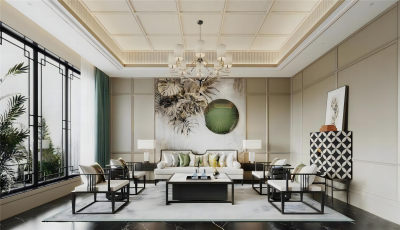 新中式客餐厅沙发茶几组合