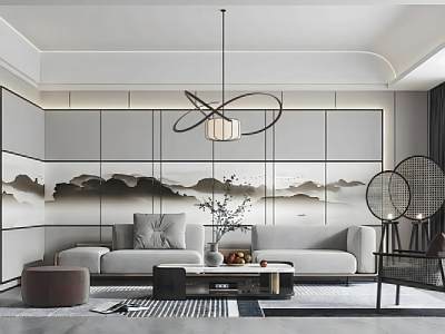 新中式客餐厅沙发茶几组合