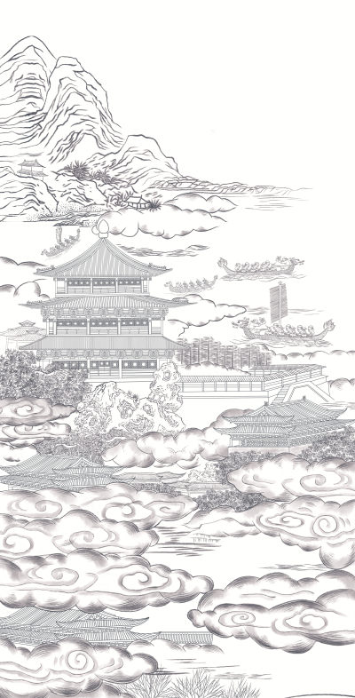 中式现代楼阁亭台壁画贴图