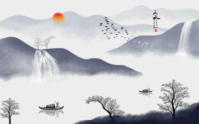中式山水壁画贴图