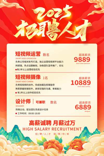 红色喜庆2025招聘海报设计2025蛇年新年招聘海报2025蛇年新年招聘文案海报