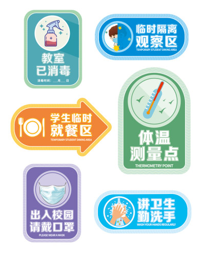蓝绿黄紫卡通学校校园防疫指示标签地贴