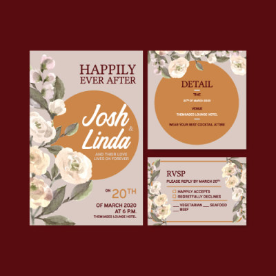 米棕干花婚礼卡设计与桔梗叶子水彩插图