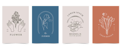 米蓝棕集合花背景集与手花薰衣草木兰形状可编辑的向量插图为网站邀请明信片和贴纸