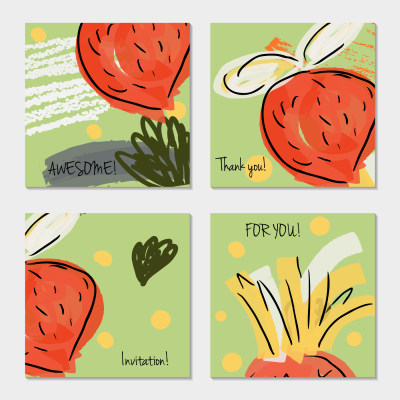 绿红手画有创意的邀请问候卡片邀请聚会派对卡模板集孤立的层摘要有创意的通用涂鸦约刷花图案向量插图