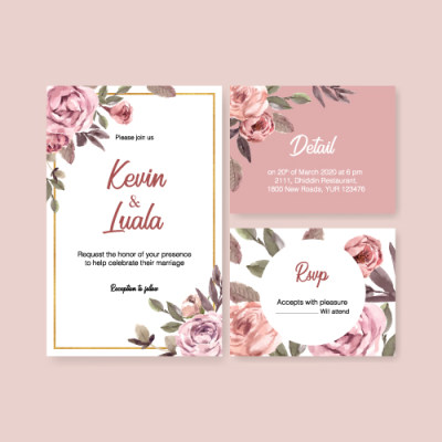 粉色干花婚礼卡设计与玫瑰牡丹叶子水彩插图