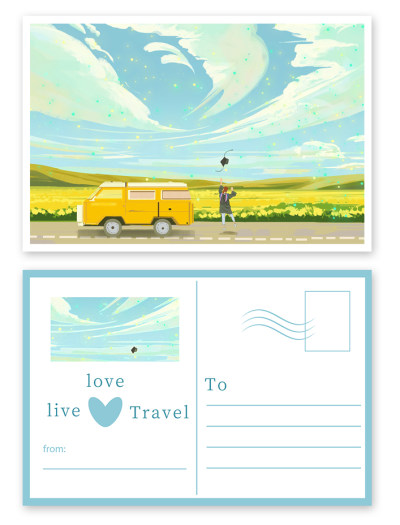 淡蓝色简约卡通小清新爱生活爱旅游明信片设计