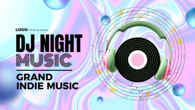 粉紫全息背景音符耳机唱片音乐会派对网页横幅