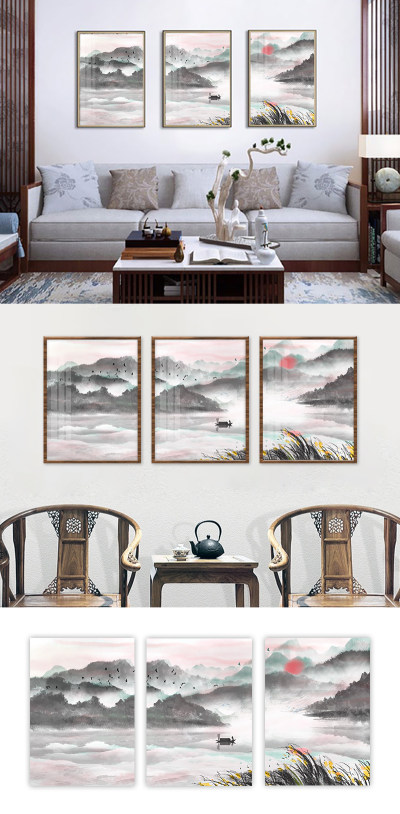 装饰画室内三联装饰画浅色调中国风样机