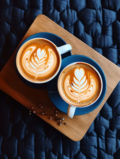 两杯卡布奇诺和拿铁艺术在木板上，高视角