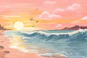 温馨海边散步情人节小清新手绘油画风背景