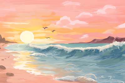 温馨海边散步情人节小清新手绘油画风背景