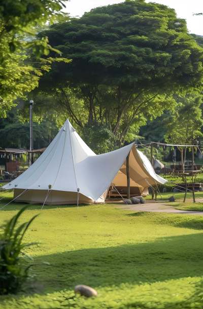 清晨的阳光照在草地和露营帐篷上