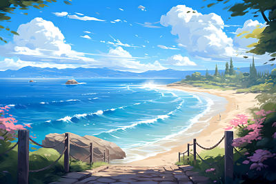 夏日大海插画治愈系风景