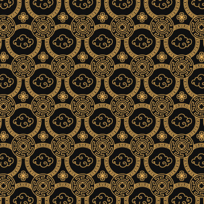 金色云朵与螺旋几何图案背景