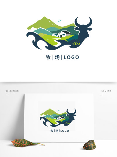农业牧业山川河流草原牛头养殖牧场logo