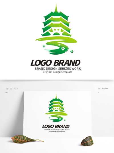 中国风M字母湿地古塔花朵旅游logo