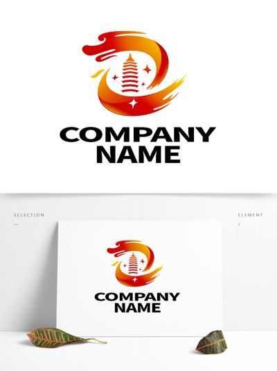 中国风红黄龙凤古塔旅游文化行业LOGO