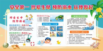 蓝色卡通安全第一珍爱生命预防溺水从我做起暑假安全宣传展板