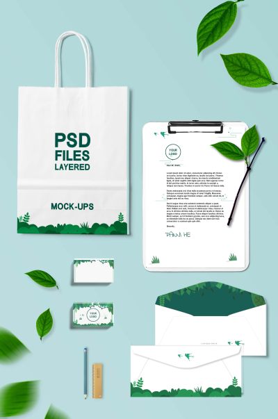 暗调桌面清新绿色叶子VI样机展示