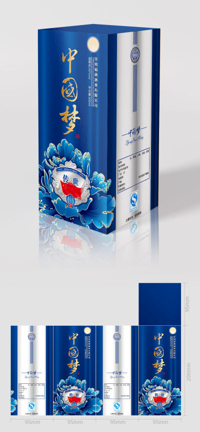 蓝色大气中国梦白酒礼盒包装设计模板