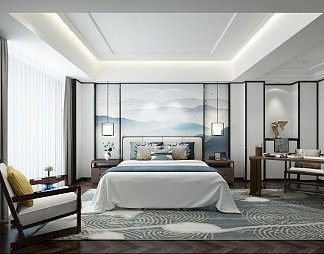 新中式卧室3D模型下载