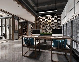 新中式公共办公区3D模型下载