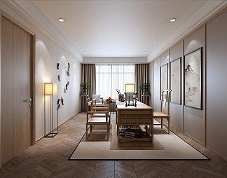新中式书房3D模型下载