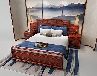 新中式背景双人床3D模型下载
