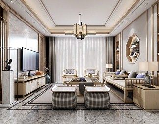 新中式客厅3D模型下载