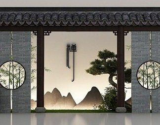 新中式背景墙3D模型下载