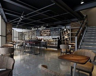 工业LOFT咖啡厅3D模型下载