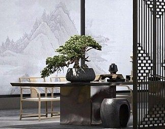 新中式茶桌椅3D模型下载