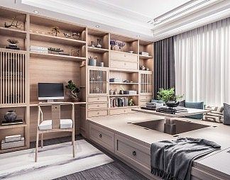 新中式榻榻米卧室3D模型下载