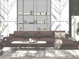 现代风格大平层客厅 皮革转角沙发组合