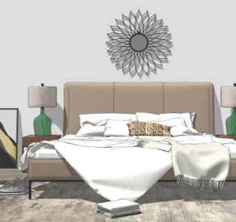 北欧风格双人床 挂画 床头柜