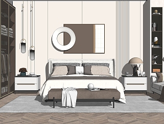 现代风格卧室 床具组合衣柜