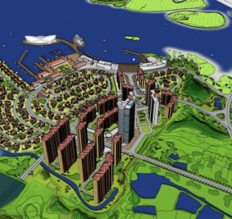 大型游船码头旅游区规划SU模型下载_sketchup草图大师SKP模型
