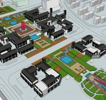 小型中式旅游建筑规划SU模型下载_sketchup草图大师SKP模型