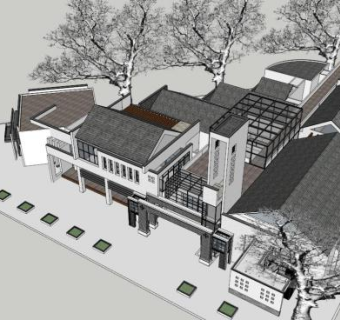 新中式乡镇旅游中心SU模型下载_sketchup草图大师SKP模型