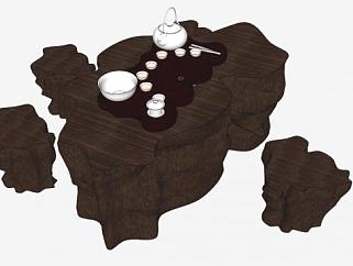 现代木质桌凳树设计SU模型下载_sketchup草图大师SKP模型