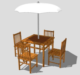 白色遮阳伞室外木质桌椅SU模型下载_sketchup草图大师SKP模型