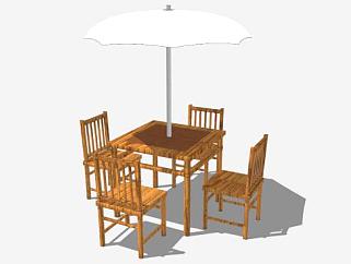 白色遮阳伞室外木质桌椅SU模型下载_sketchup草图大师SKP模型